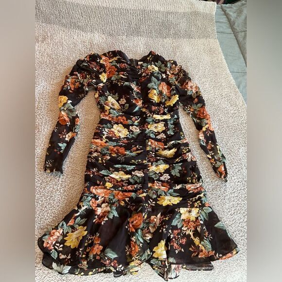 Veronica Beard Hedera Black Floral Print Ruched Long Sleeve Silk Mini Dress Sz 0 - Picture 7 of 9